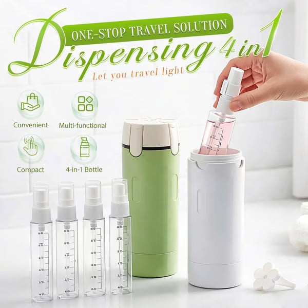 Arenzza 4-in-1 refillable travel dispenser bottles for liquids and toiletries, shown in a compact, clear plastic set with pump and flip caps.