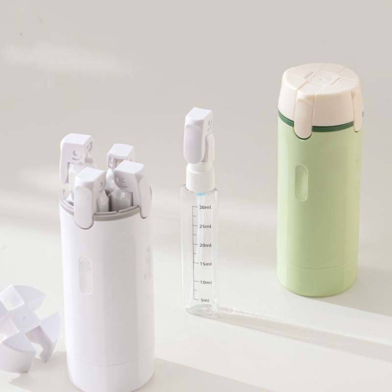 A set of Arenzza 4-in-1 refillable travel dispenser bottles for toiletries and liquids, made of clear plastic with pump and screw cap lids.