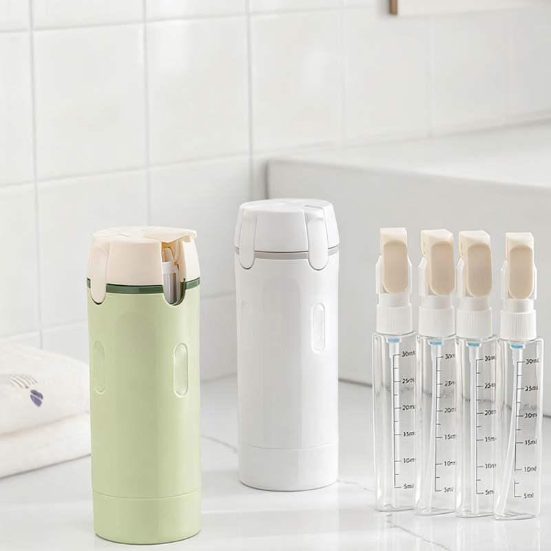Arenzza 4-in-1 refillable travel dispenser bottles for household and kitchen use, with transparent containers and secure caps.