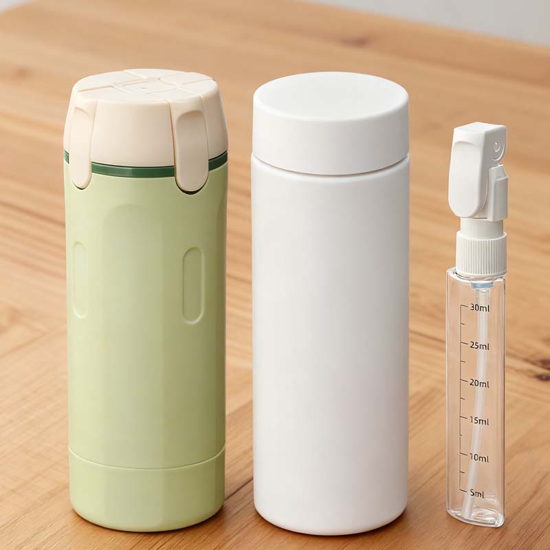 Arenzza 4-in-1 refillable travel dispenser bottles for liquids and creams, with transparent containers and secure caps.