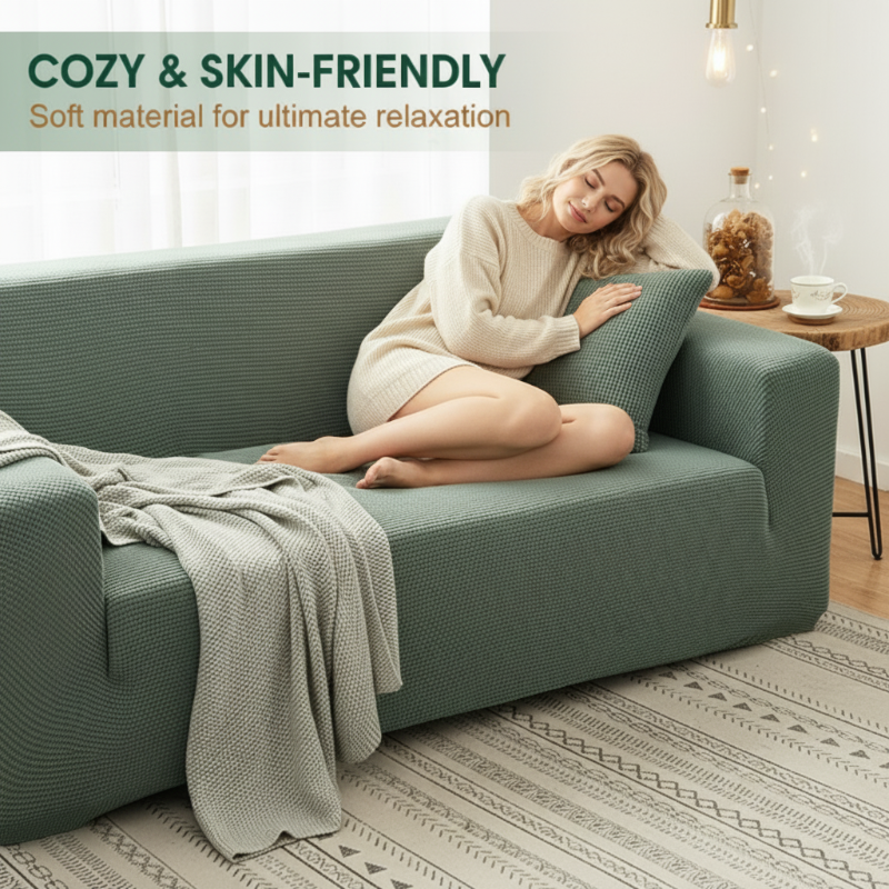 Arenzza jacquard knitted stretch sofa cover on a modern sofa, featuring a textured pattern and snug fit for home furniture protection.