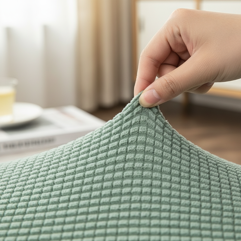 Arenzza Jacquard knitted stretch sofa cover in a cozy, textured design protecting a sofa in a home setting.