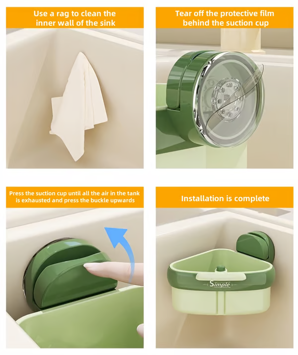Arenzza suction cup sink corner rack installed in a kitchen corner for organizing dishes and cleaning supplies.
