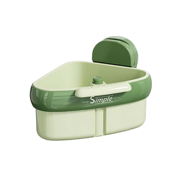 Arenzza suction cup sink corner rack holding kitchen sponges and brushes in a clean kitchen sink area.