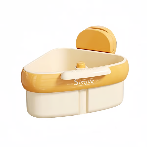Arenzza suction cup sink corner rack in a kitchen, with multiple tiers for organizing sponges and cleaning supplies.