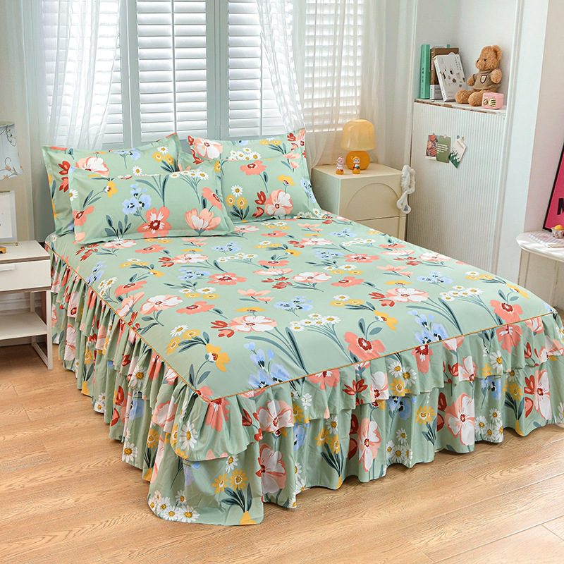 Arenzza 3-piece ruffled bed skirt set in soft fabric, designed for a stylish and elegant bedroom decor.