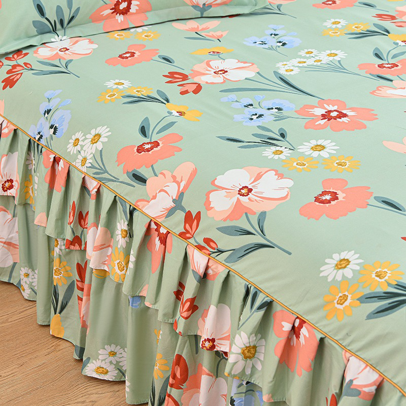 Aarenza 3-piece ruffled bed skirt set for bedroom decor, featuring soft fabric and decorative ruffles in neutral tones.
