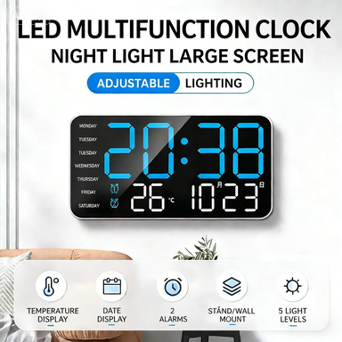 Arenzza multifunctional LED digital wall clock displaying time in a modern Norwegian home setting.