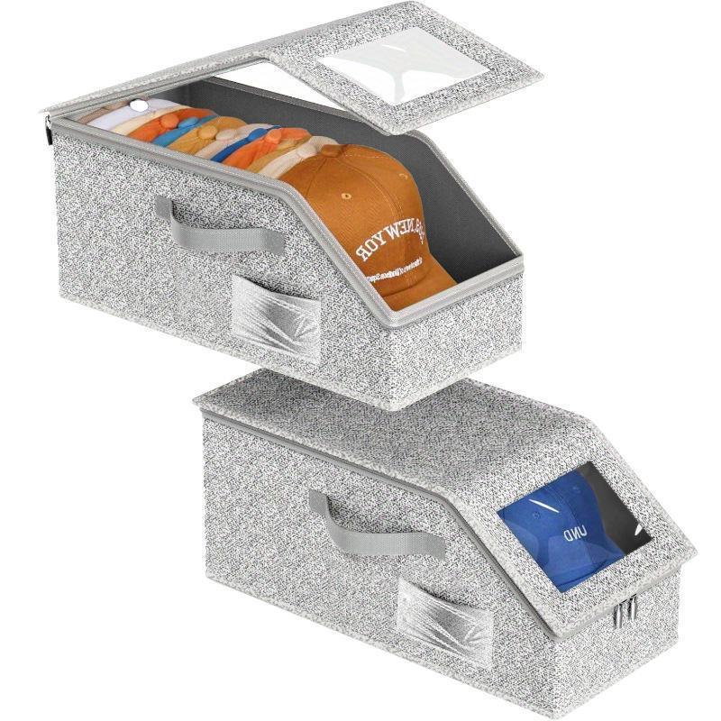 Arenzza stackable storage boxes for baseball caps, clear plastic houseware organizer, designed to keep caps neatly stored and accessible.