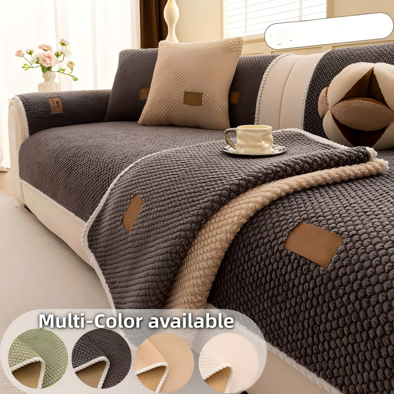 Aarenza thickened non-slip washable sofa cover on a sofa, showcasing its textured fabric and secure fit for houseware and kitchen use.