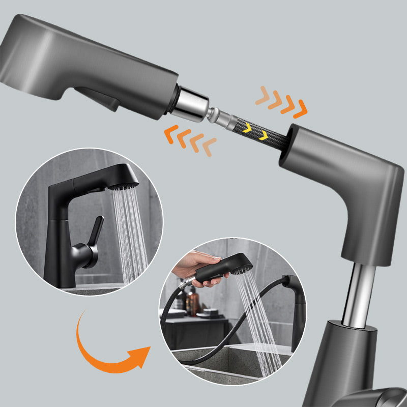 Arenzza single-hole bathroom faucet with pull-out sprayer, sleek houseware kitchen fixture for modern bathrooms.