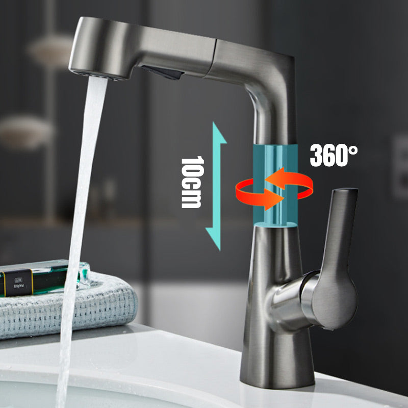Arenzza single-handle bathroom faucet with pull-out sprayer, modern design, installed in a bathroom sink for household use.