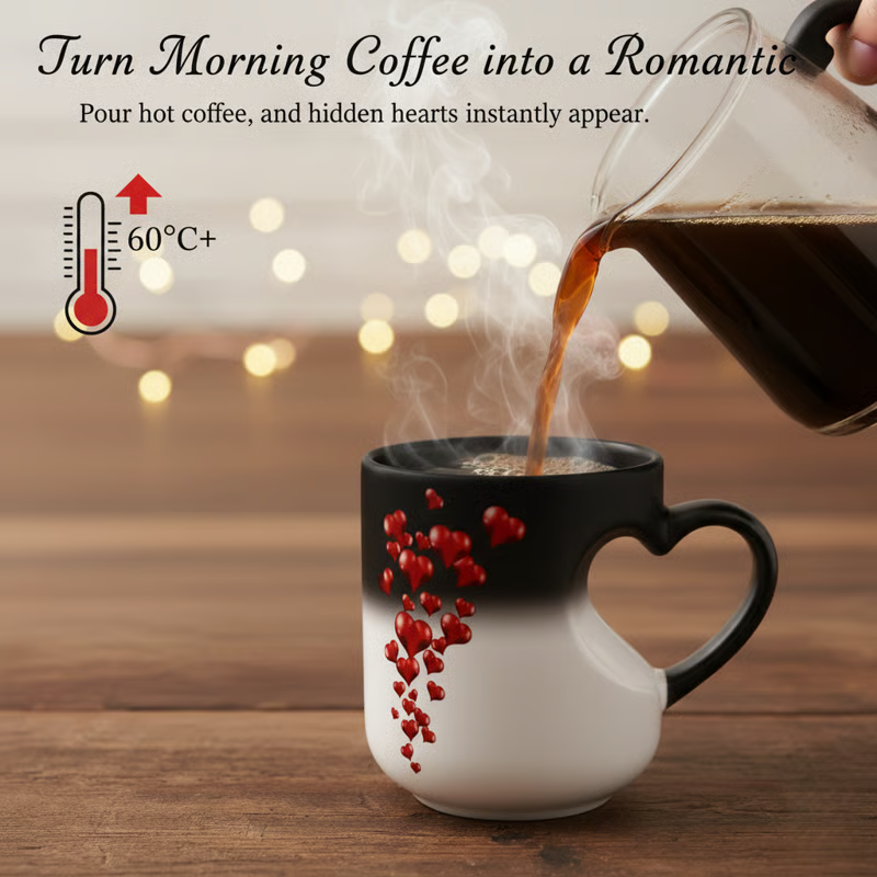 Arenzza color-changing ceramic mug with heart-shaped handle, featuring a vibrant design, perfect for houseware and kitchen use.