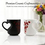 Color-changing ceramic mug with heart-shaped handle by Arenzza, featuring a vibrant design and heat-sensitive color shift.