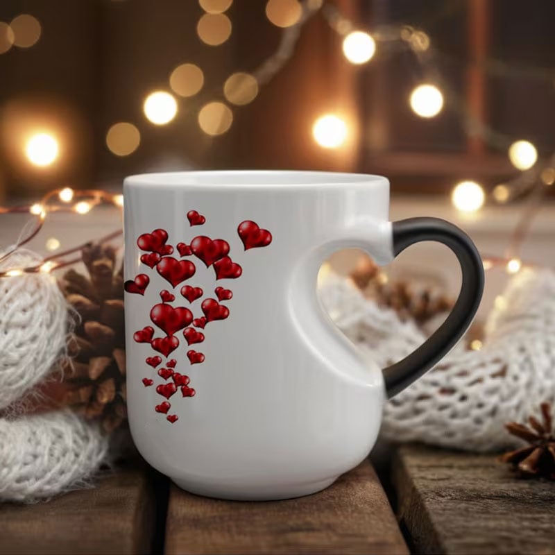 Aarenza color-changing ceramic mug with a heart-shaped handle, designed for houseware and kitchen use.