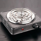 Arenzza multi-functional electric stove for home cooking, black compact kitchen appliance with control knobs and heating surface.