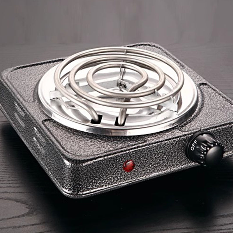 Arenzza multi-functional electric stove for home cooking, black compact kitchen appliance with control knobs and heating surface.