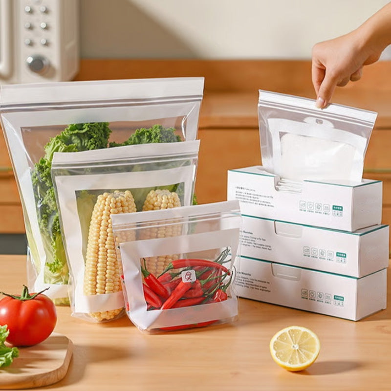 Transparent Arenzza food-grade reinforced double-seal bags for kitchen storage, showing their durable, clear, sealed design.