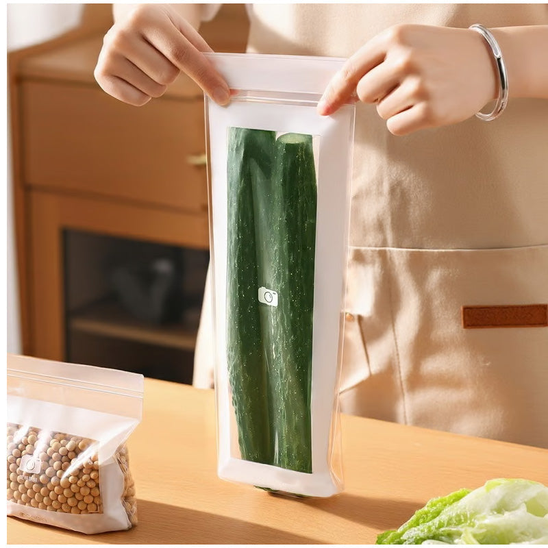 A transparent, food-grade reinforced double-seal bag from Arenzza, suitable for kitchen storage and food preservation.