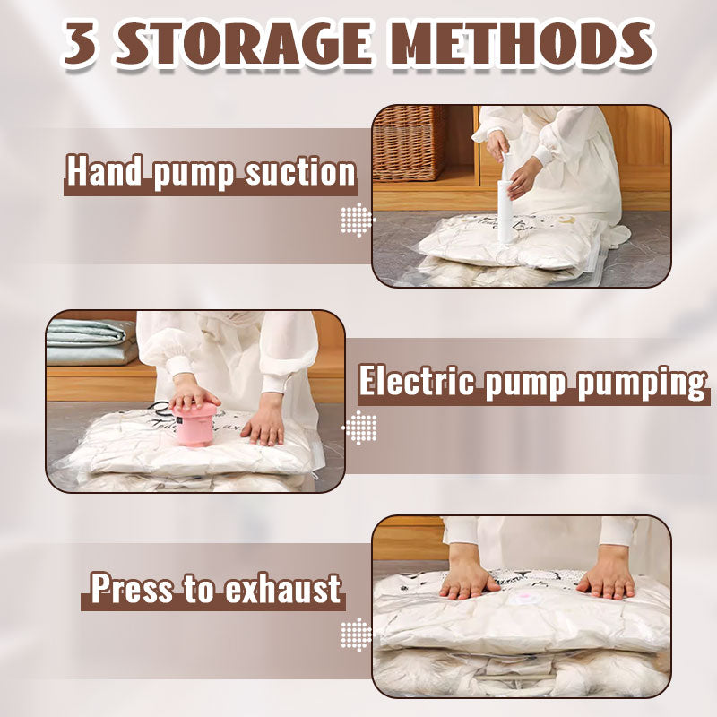 Arenzza hanging vacuum storage bags in a kitchen setting, showing sealed bags with clothes inside for space-saving organization.