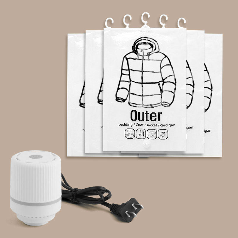 Arenzza hanging vacuum storage bags for home organization, shown hanging and partially sealed in a kitchen setting.