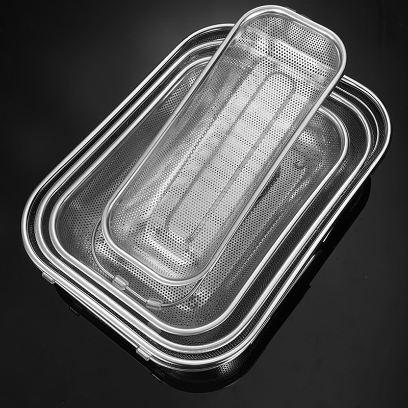 Arenzza stainless steel telescopic drainer basket for kitchen, with adjustable extendable design and mesh sides for drying utensils.