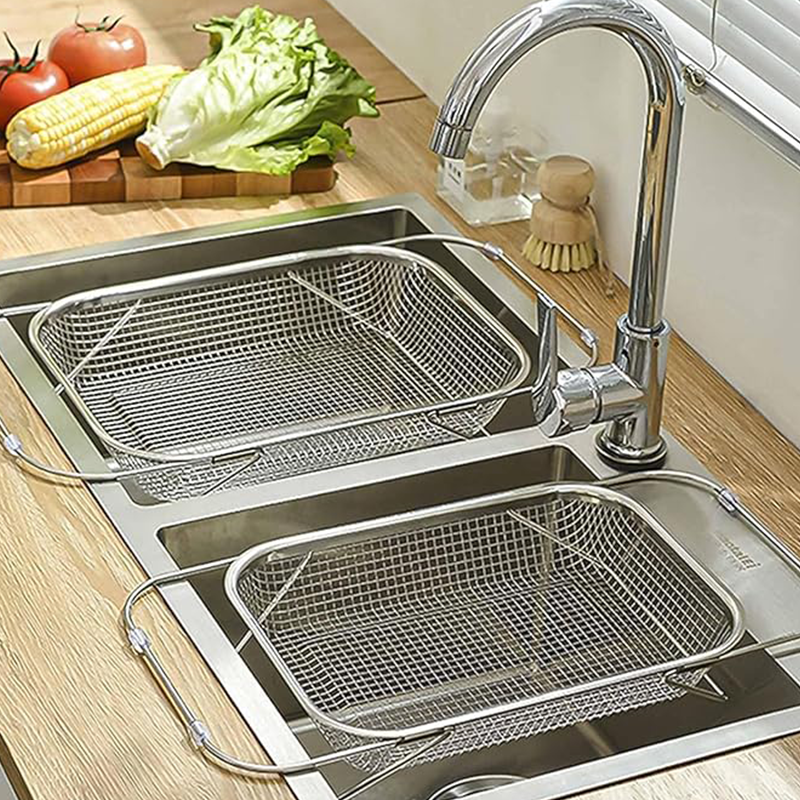 Arenzza stainless steel telescopic drainer basket for kitchen, adjustable houseware tool for drying dishes and utensils.