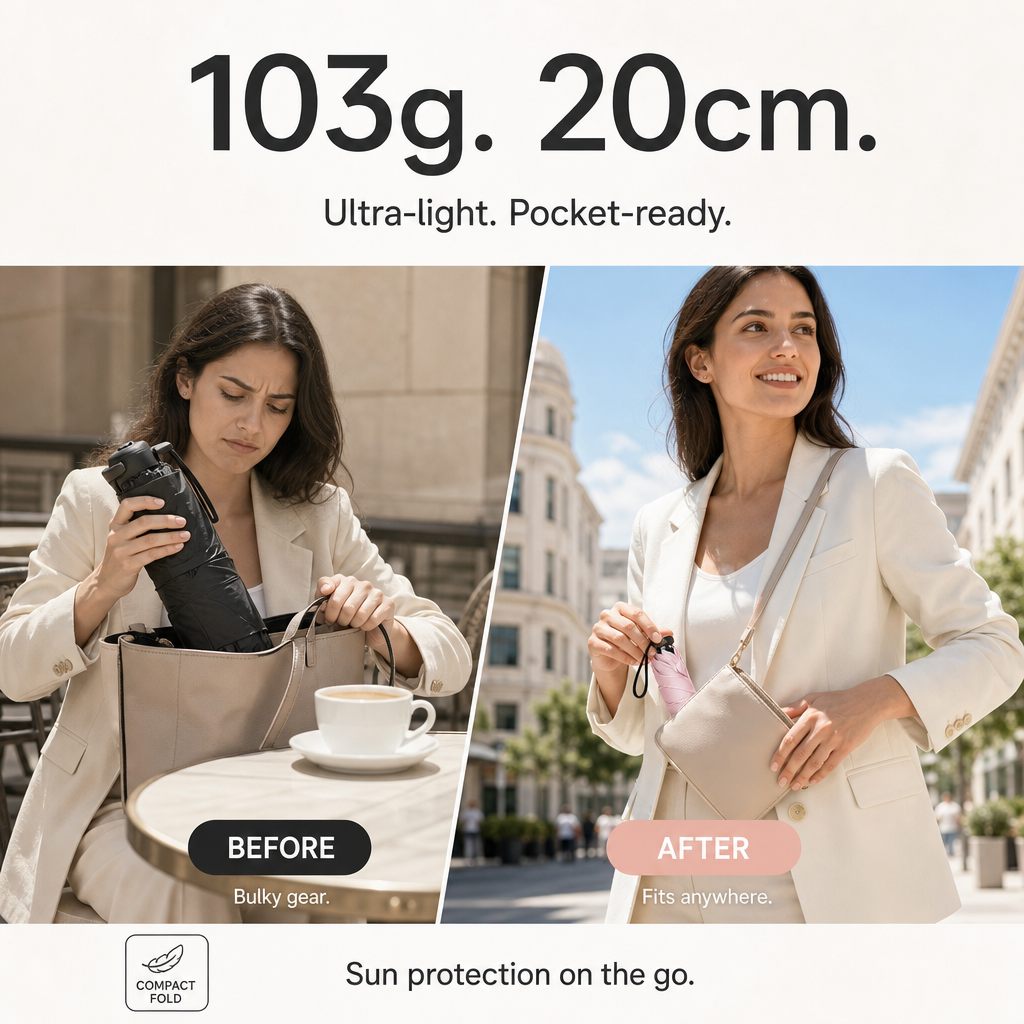 Aarenza ultra-lightweight compact all-weather umbrella open, showing its small size and durable design, ideal for travel and rain protection.