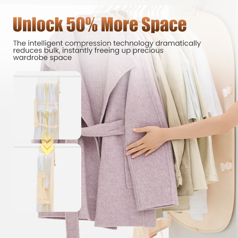Arenzza dust-proof compression clothing cover for wardrobe organization, showcasing a transparent bag with zipper closure for space-saving storage.