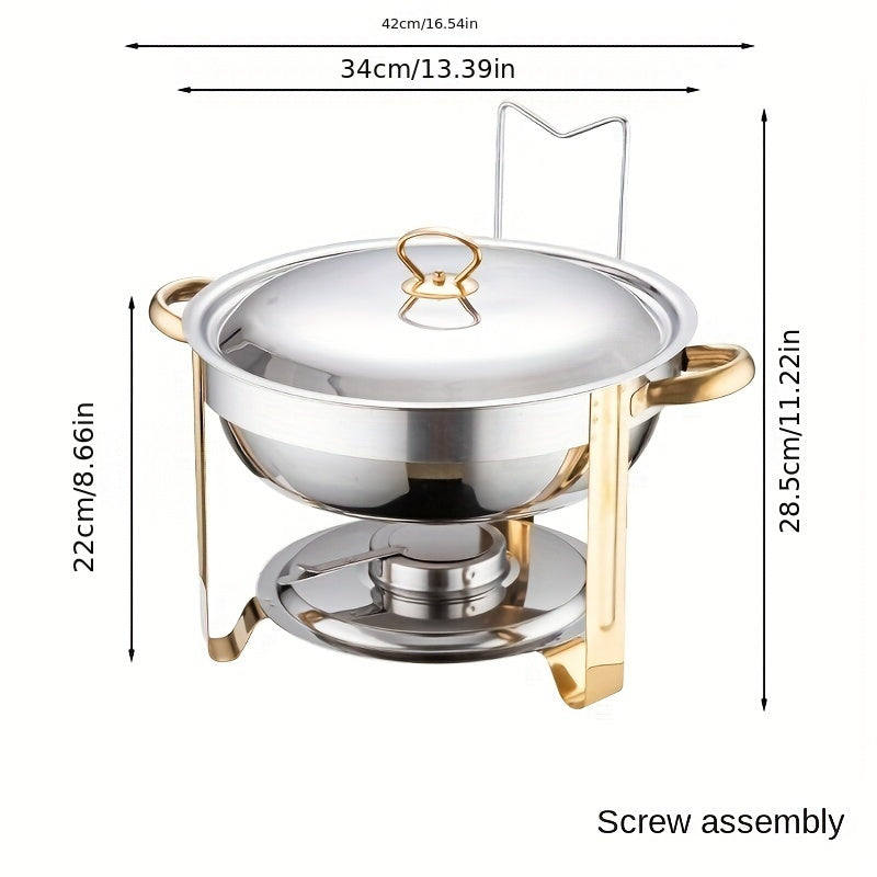 Arenzza stainless steel chafing dish buffet set with lids, serving pans, and fuel holders on a kitchen countertop.