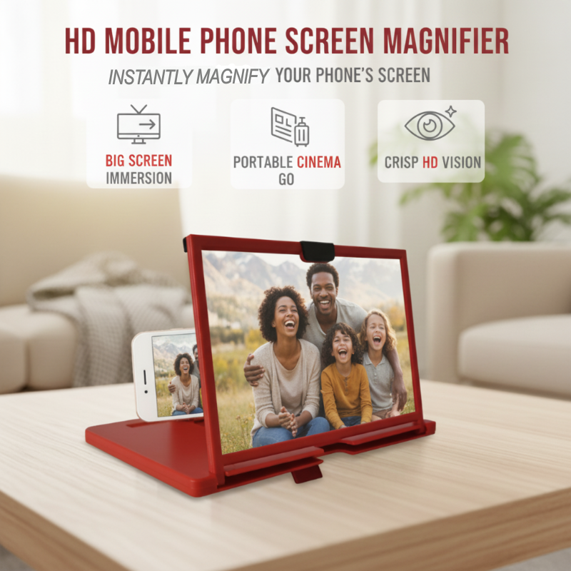 Arenzza HD mobile phone screen magnifier with foldable stand, clear plastic lens, and black frame for enhanced viewing.