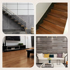 A set of four wood grain peel and stick floor tiles from Arenzza, with self-adhesive waterproof design for easy DIY installation.