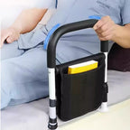 Arenzza bedside handrail railing for elderly and pregnant women, securely installed on a bed for safety and support.