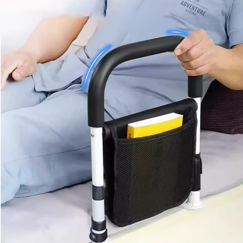 Arenzza bedside handrail railing for elderly and pregnant women, securely installed on a bed for safety and support.