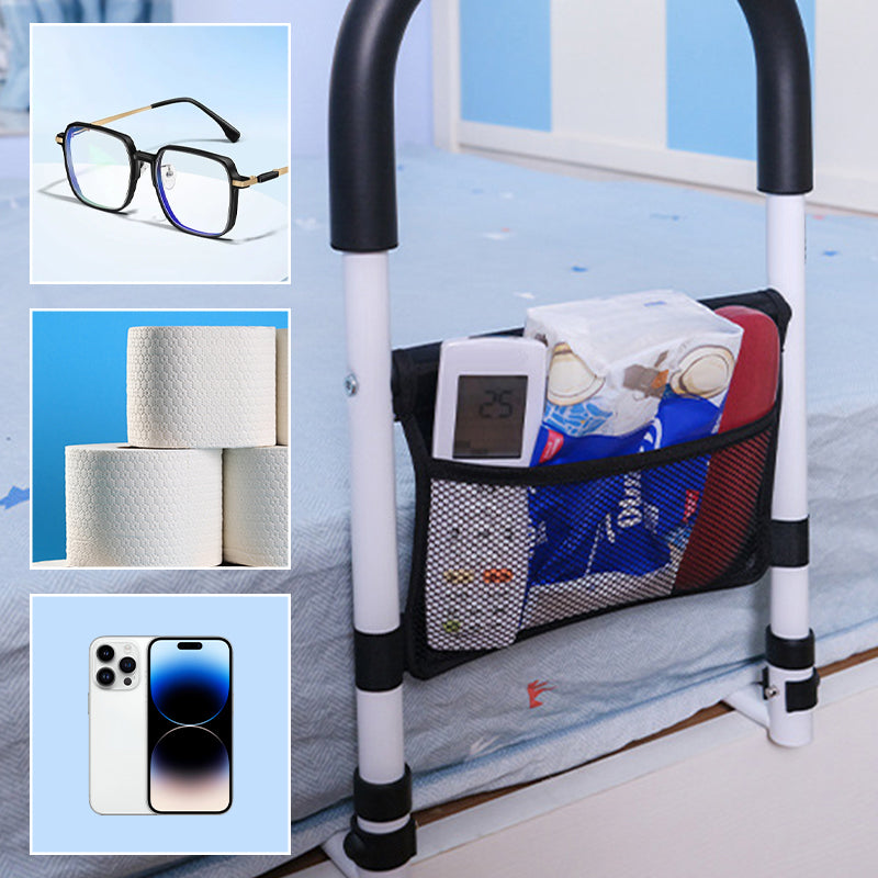 Arenzza bedside handrail railing for elderly and pregnant women, mounted on a bed for added safety and support.