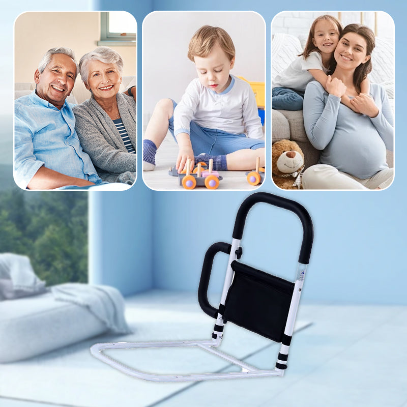 Arenzza bedside handrail railing for elderly and pregnant women, mounted on a bed for added safety and support.