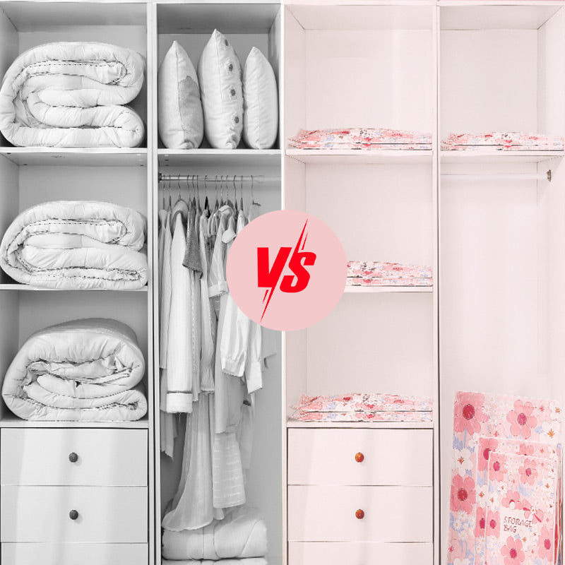 Arenzza space-saving vacuum storage bags for houseware and kitchen, showing sealed bags with clothes inside for compact storage.