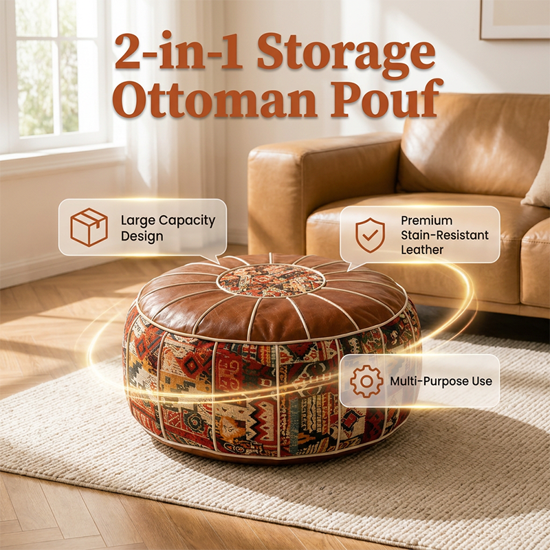 Arenzza multifunctional storage ottoman pouf in neutral fabric, showing its top and side storage compartments in a modern home setting.