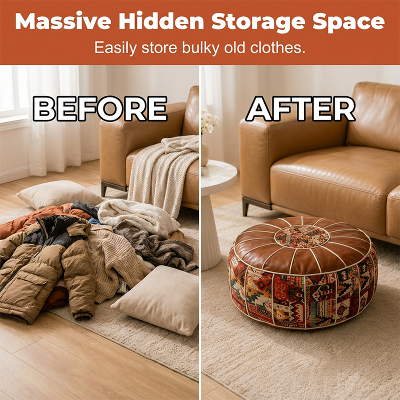 Arenzza multifunctional storage ottoman pouf in neutral fabric, showcasing its versatile design for home storage and seating.