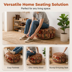 Arenzza multifunctional storage ottoman pouf in neutral fabric, showing its soft cushioned top and hidden storage compartment.