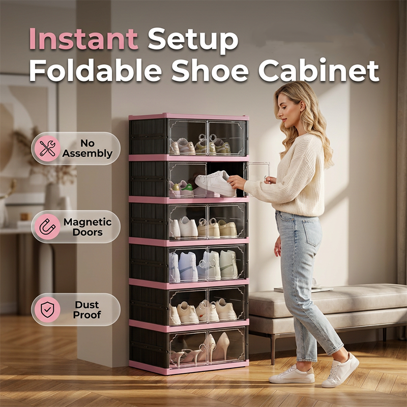 Arenzza foldable and stackable shoe cabinet with clear doors, designed for organized houseware and kitchen storage.