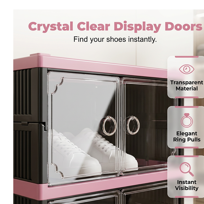Arenzza foldable and stackable shoe cabinet with clear glass doors, ideal for organizing footwear in a modern houseware and kitchen space.