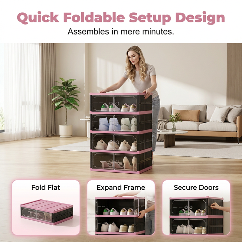 Arenzza foldable stackable shoe cabinet with clear doors, showcasing organized shoes inside in a modern houseware and kitchen setting.