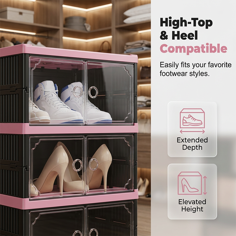 Arenzza foldable and stackable shoe cabinet with clear glass doors, showing organized shoes inside in a modern houseware setting.
