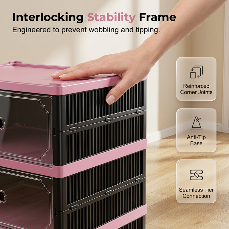 Arenzza foldable and stackable shoe cabinet with clear doors, showcasing organized shoes inside in a modern houseware setting.