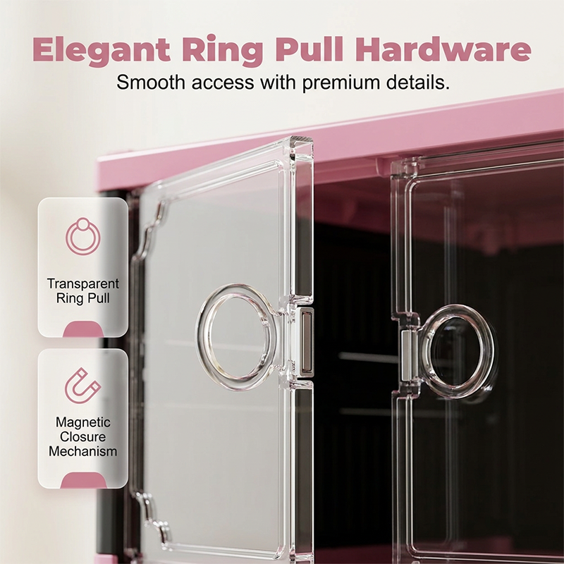 Arenzza foldable and stackable shoe cabinet with clear glass doors, showing organized shoes inside in a modern houseware setting.