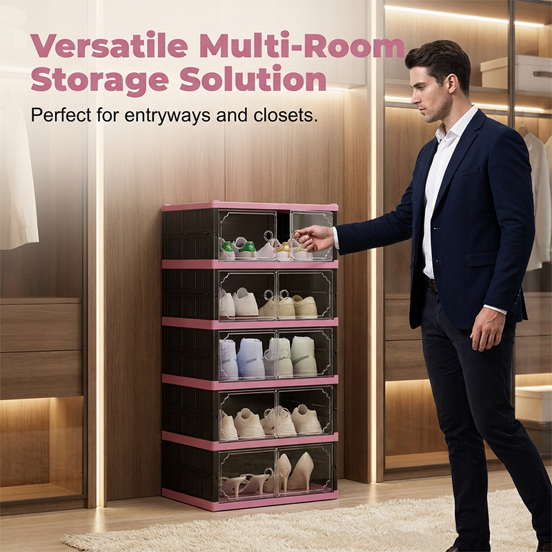 Arenzza foldable and stackable shoe cabinet with clear doors for organized storage of shoes in a modern houseware and kitchen setting