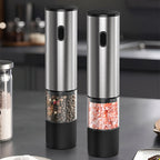 Arenzza electric pepper and salt grinder set in black and silver, sleek houseware kitchen accessories with adjustable grind settings.