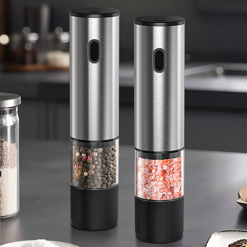 Arenzza electric pepper and salt grinder set in black and silver, sleek houseware kitchen accessories with adjustable grind settings.