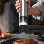 Arenzza electric pepper and salt grinder set in black and silver, showcasing sleek houseware kitchen tools for seasoning.